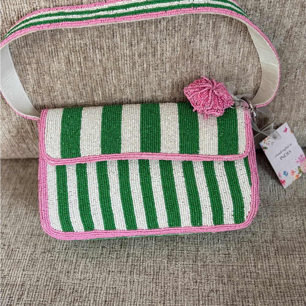 Beaded Stripe Crossbody Bag - Pink & Green